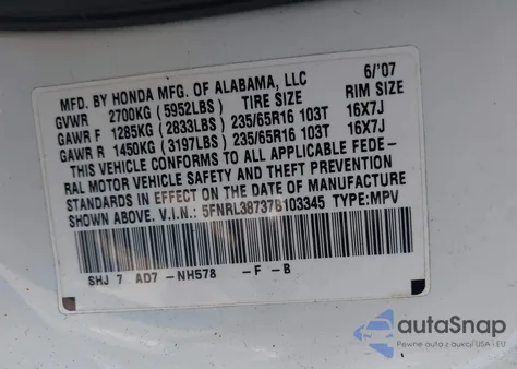 2007 Honda Odyssey Ex-L from USA, damaged, VIN 5FNRL38737B103345